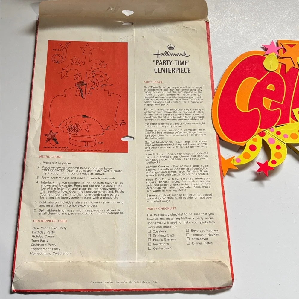 Vintage Hallmark Red and Yellow Celebrate Centerpiece 1970s Hallmark Party Decor